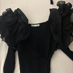 Zara Black Sheer Ruffle-Sleeve Bodysuit